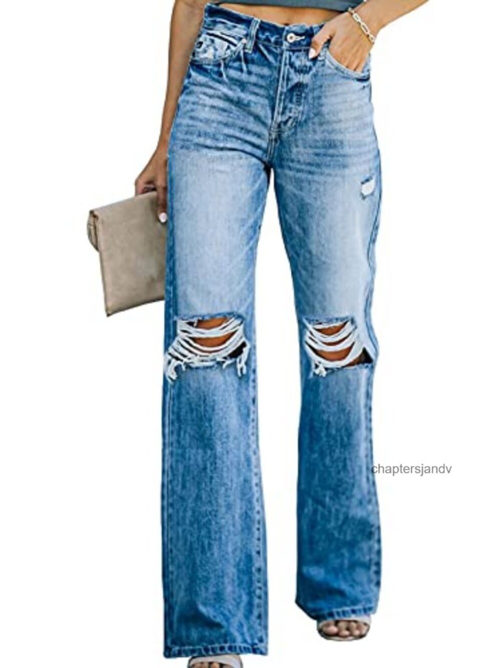 High Waisted Ripped Wide Leg Jeans Destroyed Denim Pants